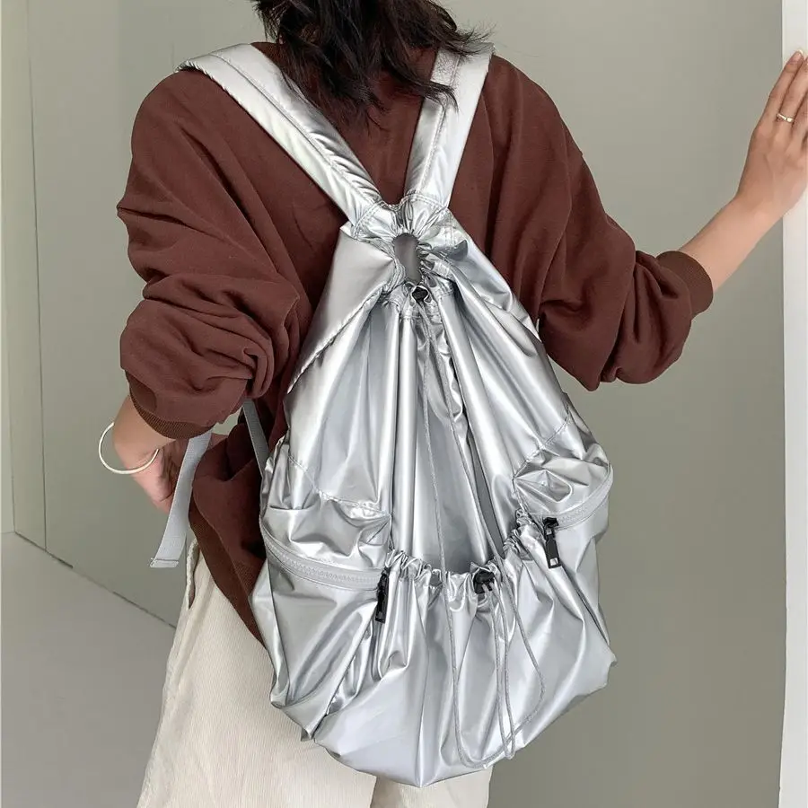 Strip Extraction Daily New High Capacity Silver Backpack school Lightweight Girls Class Drawstring Pleated Women Travel befree