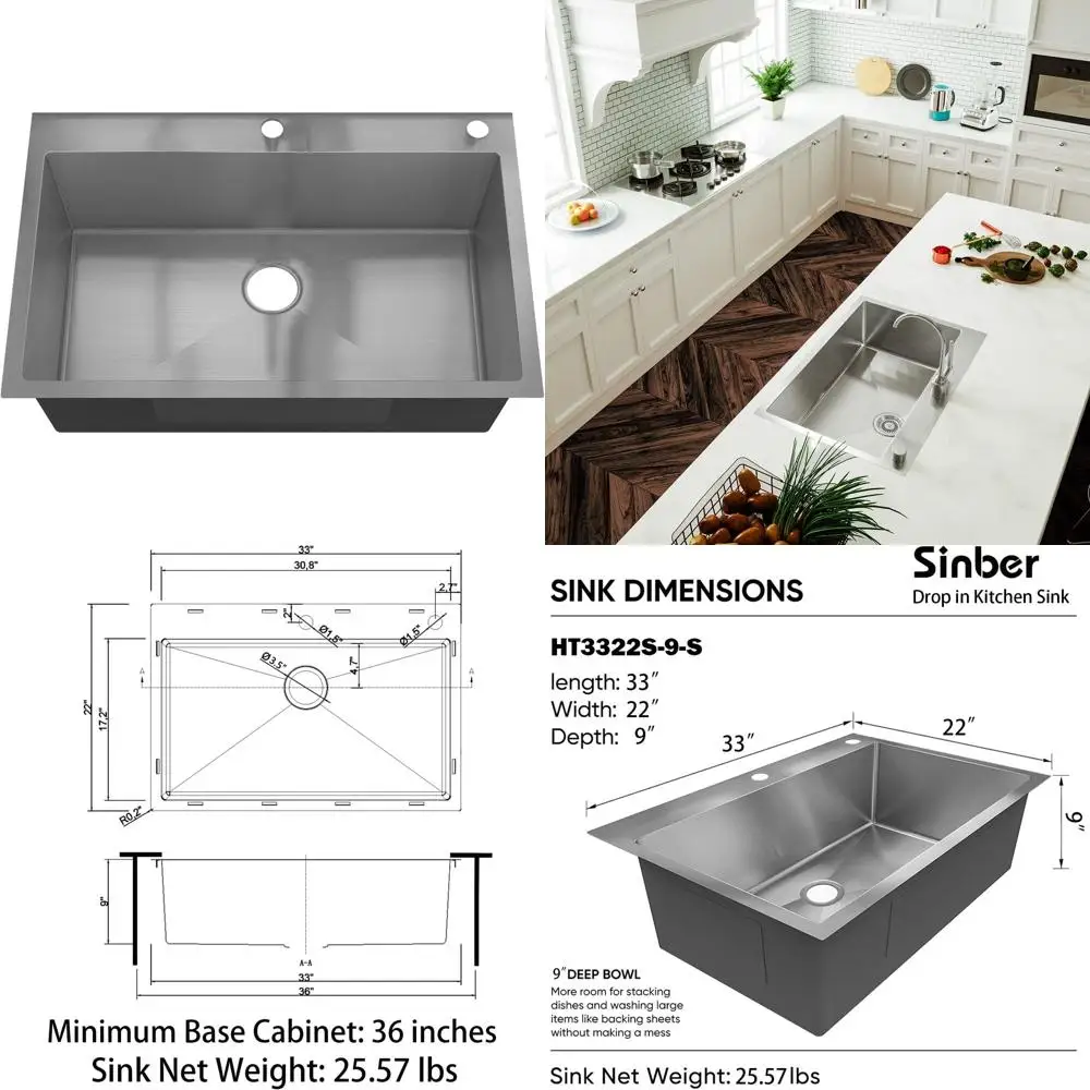 

Кухонная мойка с одной чашей 33 x 22 x 9 дюймов, нержавеющая сталь 304, толщина 18 калибра, матовая отделка