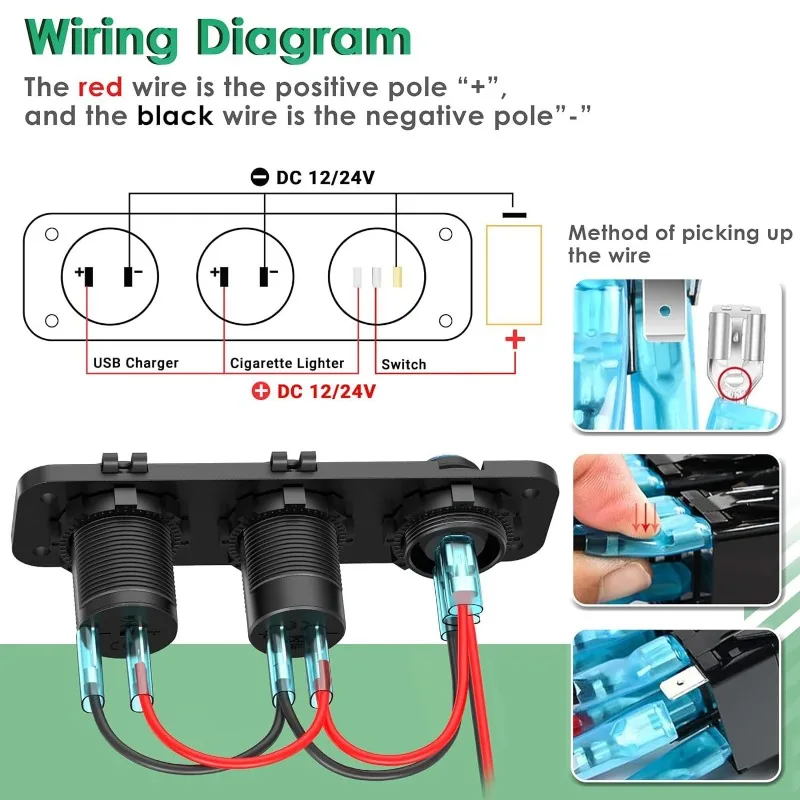 لوحة مفاتيح 3 عصابة مع شاحن USB مزدوج وخزانة سجائر، محور التحكم في الطاقة للدراجات النارية والسيارة #3