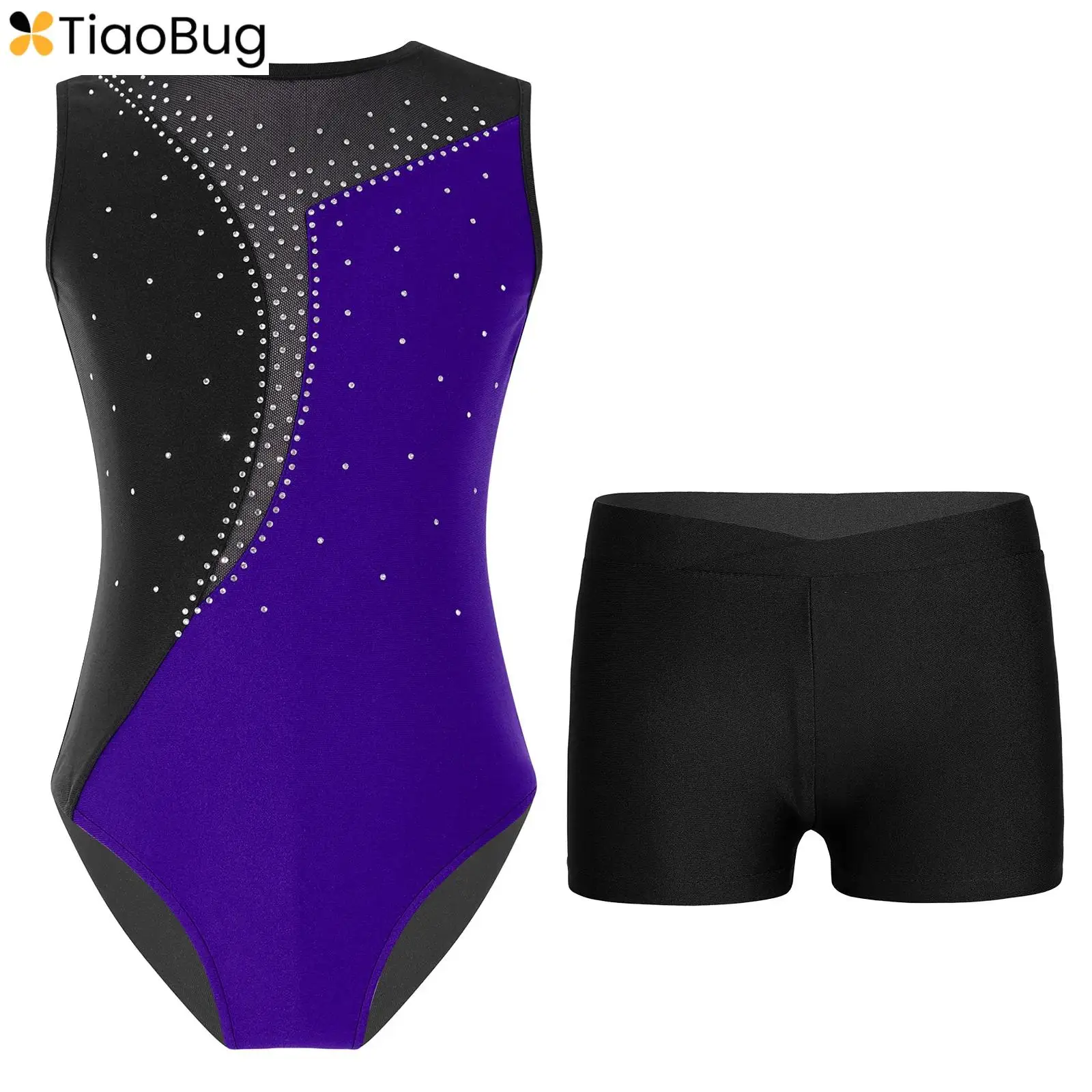 Kids Girls Ballet Dance Sets Shiny Rhinestones Contrast Color Sleeveless Leotard+Shorts Set for Gymnastics Workout Performance