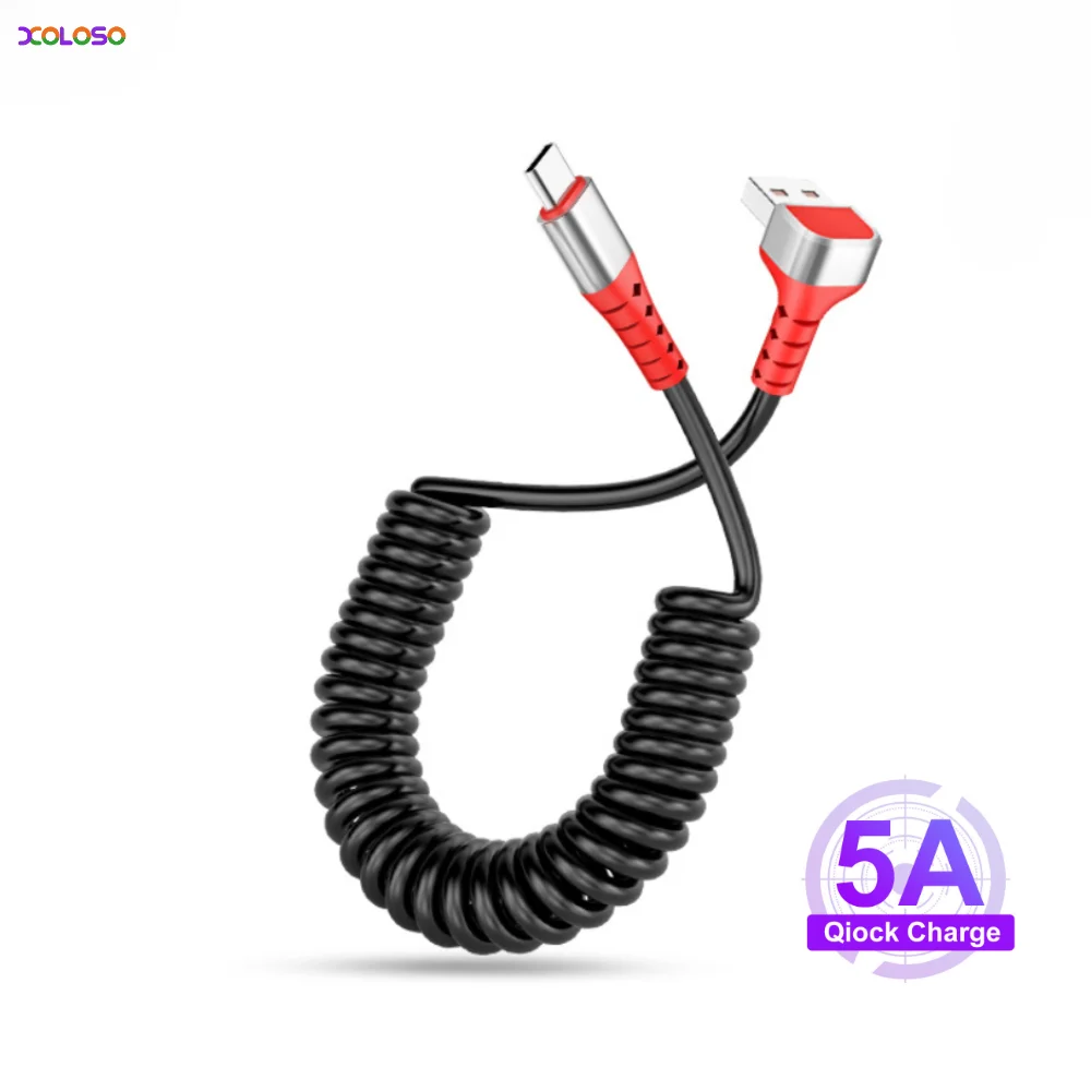 5A USB C Cable 90 Degree Elbow USB Type C Cable For Iphone 15 Xiaomi Huawei Spring Telescopic Car USBA/C To Type C Data Cable