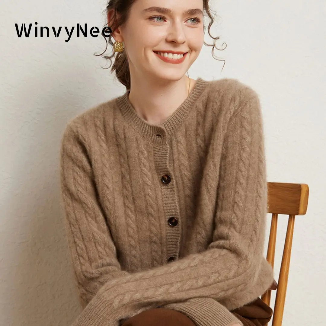 

WinvyNee Women's Cashmere Wool Cardigans Sweaters Solid Casual O Neck Long Sleeve Twisted Knitwears Winter Blouse Coat B1054040