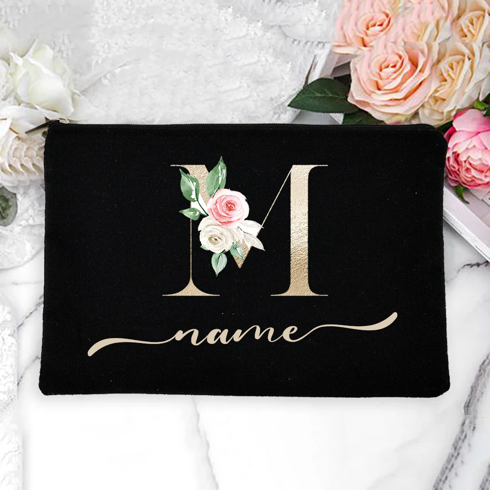 Custom Name Travel Party Wedding Gifts Personalized Name Women Makeup Bag Gold Alphabet Flowers Canvas Cosmetic Cases Handbag