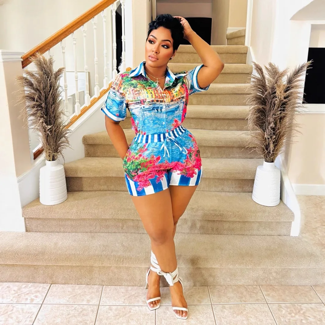 กางเกงขาสั้นกางเกงชุดผู้หญิง 2 ชิ้นชุดเปิดลงปกแขนสั้นพิมพ์เสื้อเอวสูงกางเกงทํางาน Y2k Streetwear