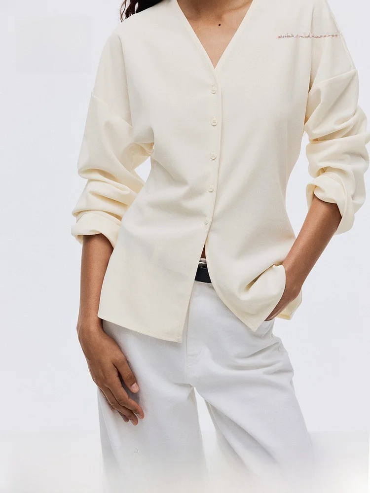 

H&M Summer Women's Casual Style Shirt Front Button Design Polyester Fiber Long Sleeve V-Neck Pure Color Fit Fashion Top