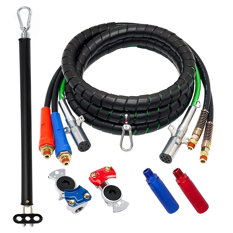 

Heavy Duty 15 FT Trailer Rig Electric Cable Wrap Cord Air Line Hose Assembly with Emergency Universal Glad Hands and Handle