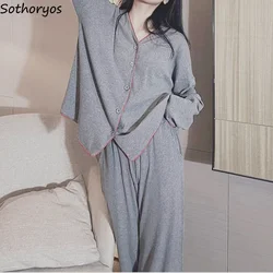 Pajama Sets Women Spring Woman 2 Pieces Long Sleeve Homewear Nightgowns Thin Sleepwear Korean Style Simple Cozy Fashion Casual