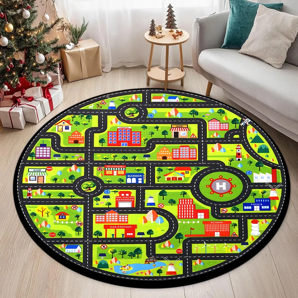 Playful City Traffic Route Round Carpet Interactive Rug Living Room Bedroom Rug Kid Playmat Parent-child Activity Rug Easter