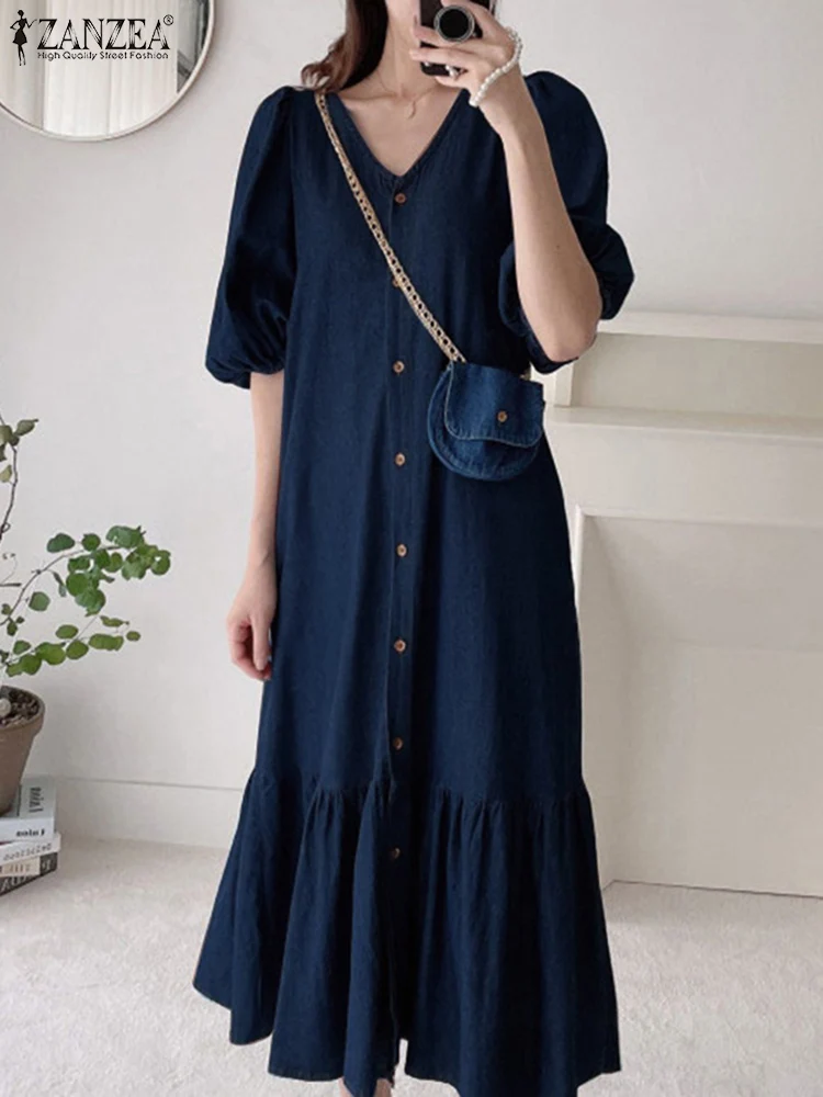 Women Denim Blue Robes Longue ZANZEA Oversized Fashion Summer Puff Sleeve Maxi Vestidos Retro Dress Casual Solid Baggy Sundress