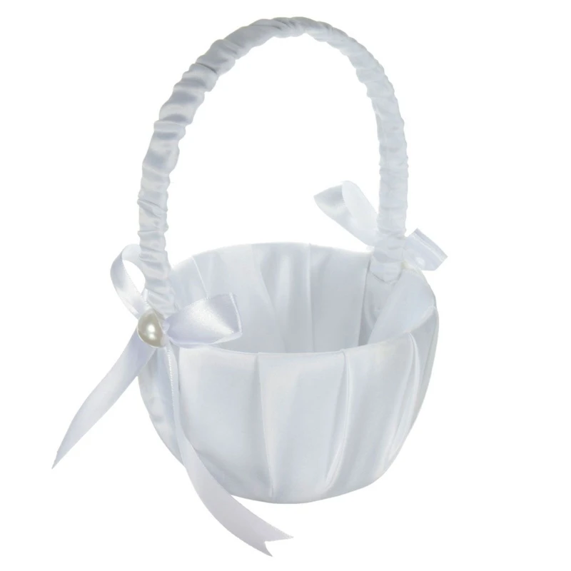 

Small Flower Girl Basket for Wedding 5'' L x 7.9'' White Wrapped Faux Pearls and Ribbon Bowknots Decoration