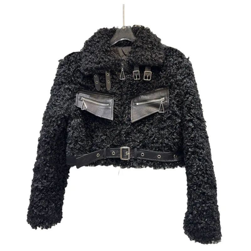 DEAT Lamb Wool Waist Belt Spliced Leather Short Jacket For Women High Street Lapel Coat Female 2024 Winter New Item 11A01478