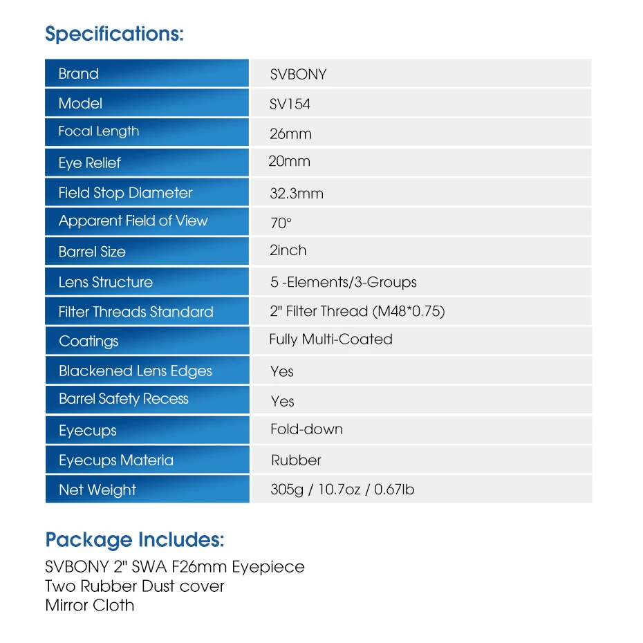 Svbony SV154 Teleskop-Okular 70 Grad SWA Super-Weitwinkel-Okular 1,25 Zoll/2 Zoll 15 mm/26 mm für Teleskope – Detail 14