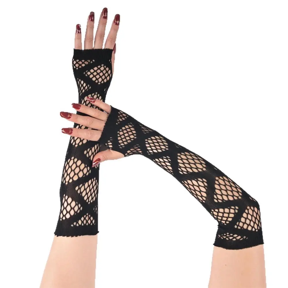 Star Fishnet Long Mesh Gloves Performance Dance Hollow-Out Half-Finger Lace Mittens Arm Sleeves Black Fingeless Gloves