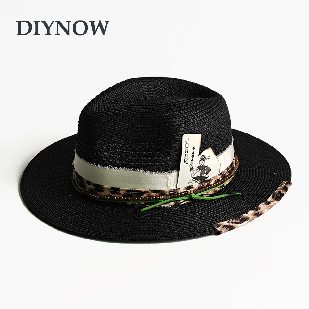 

Fashion Black Men's Summer Straw Woven Fedora Hat Panama Hat Wide Brim Summer Beach Sun Hat Playing Card Accessory