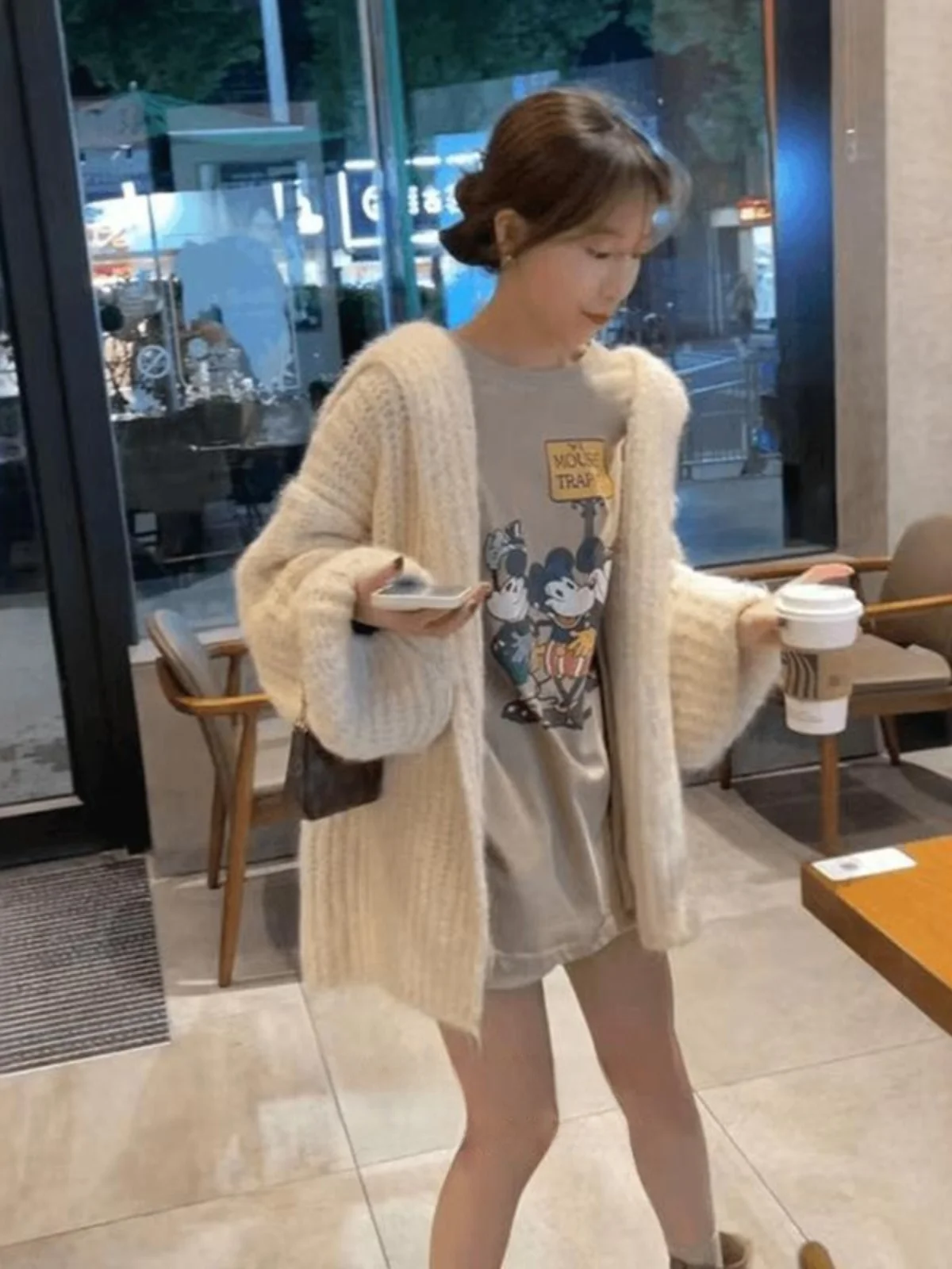

Ladies' Loose Fit Knitted Cardigan Coat with Hood Soft Thickened Spring New Style Comfortable Medium Length Top