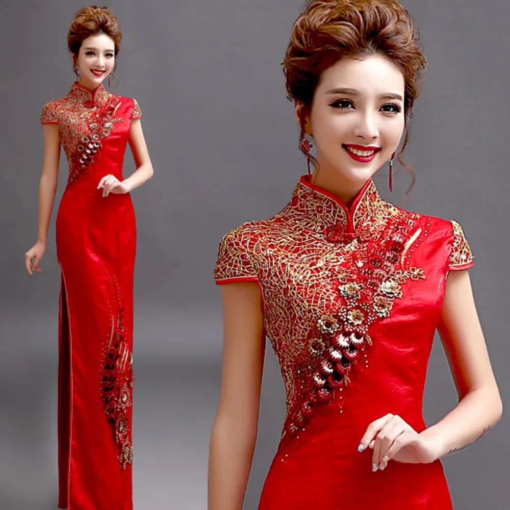 Vestido largo de cola de sirena para mujer, ropa de Año Nuevo Chino, cheongsam rojo, qipao de boda, talla grande, dragón de noche, Phoenix