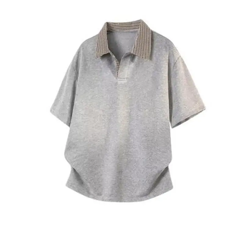 Summer 2026 Men's Loose Fit Color Block  Shirt Short Sleeve T-Shirt Heavyweight Flip Collar Wide Body Big Size Top