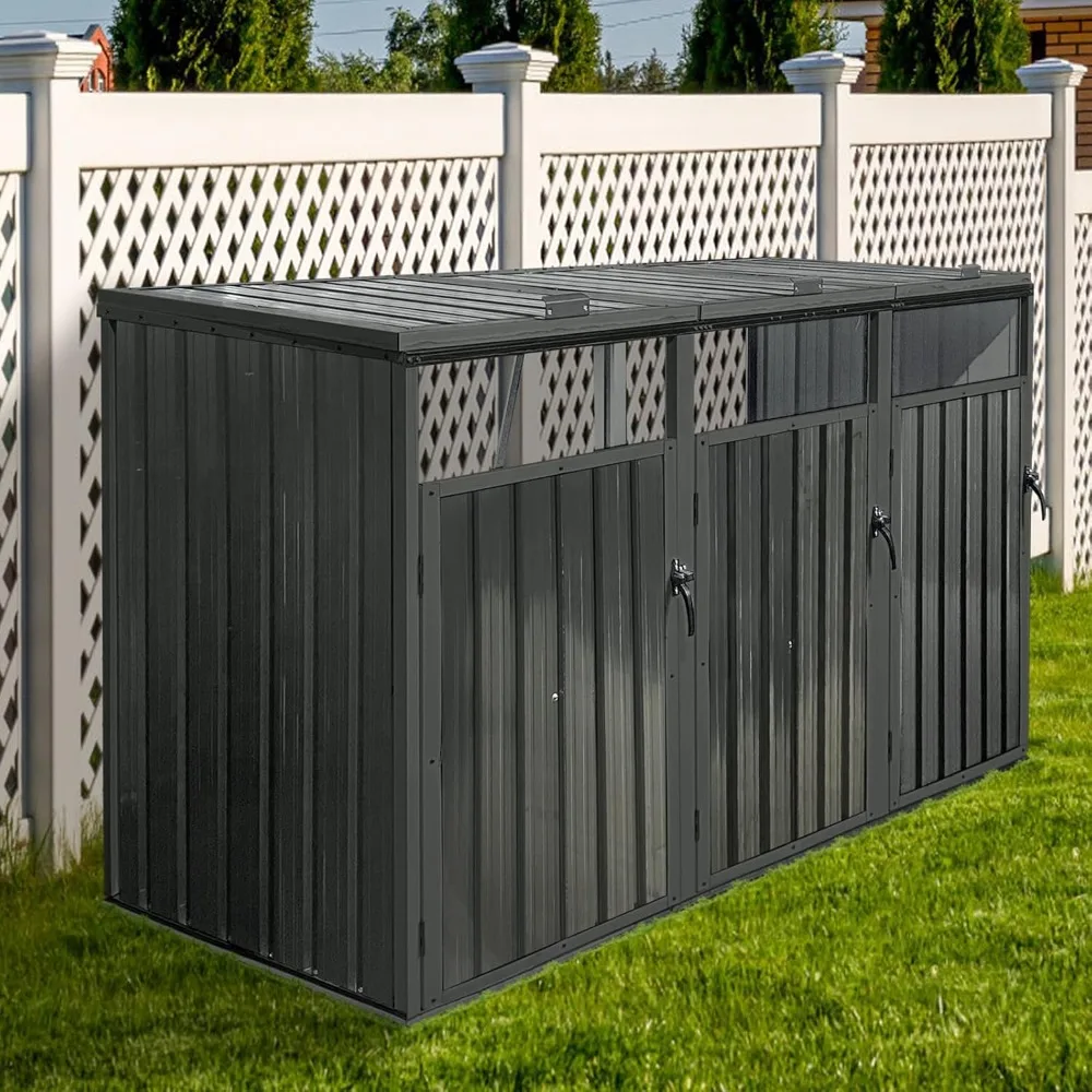 

Outdoor Trash Can Storage, Garbage Bin Shed Stores 3 Trash Cans with Convenient Lid and Springs Make, Customized