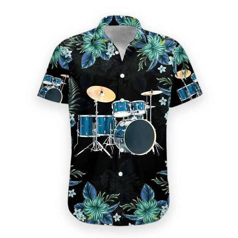 3D Printed Musical Instruments Graphic Beach Shirts For Men Short Sleeve Fashion Designer Hawaii Shirt Tops Mens Oversized Tees