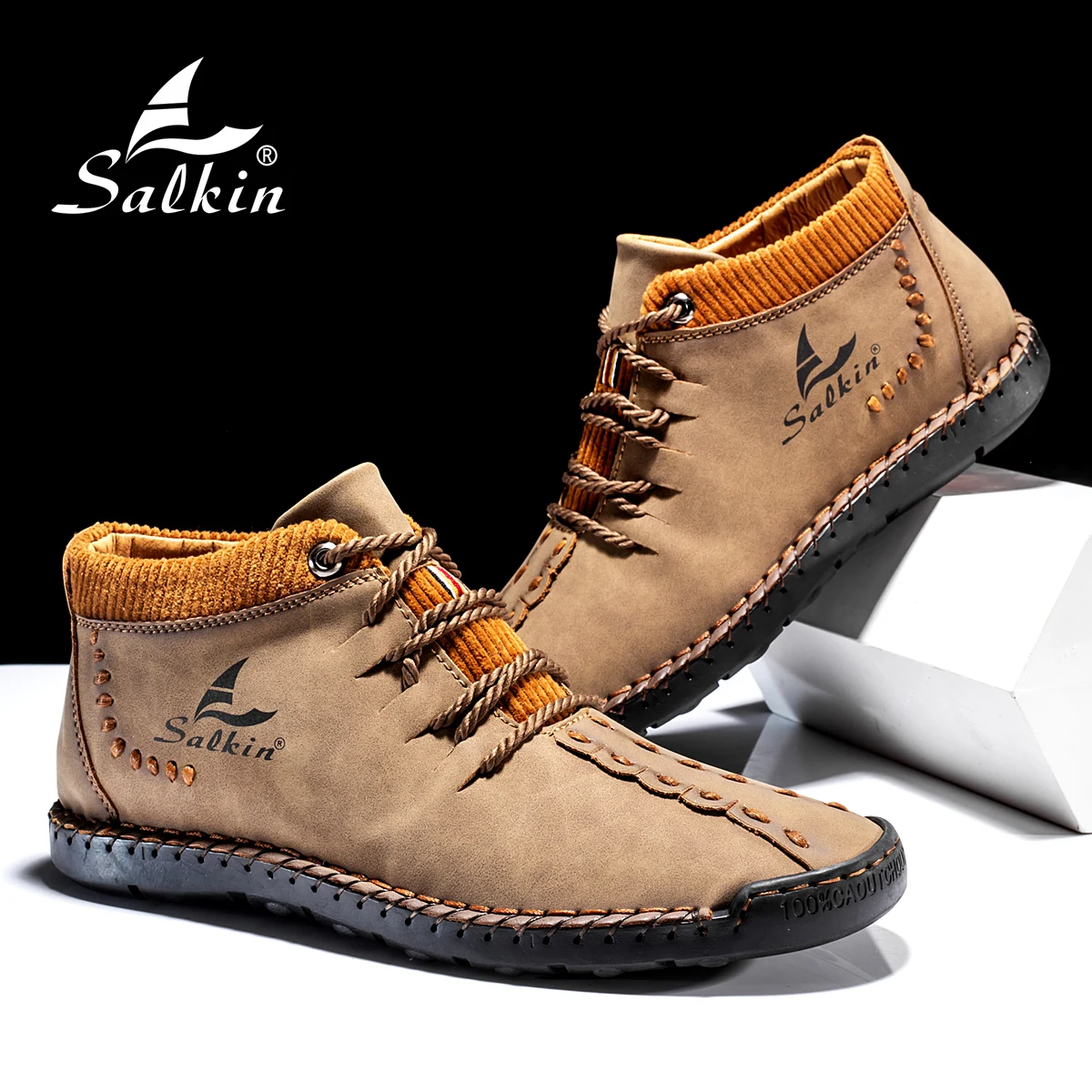 Salkin Men\'s Fashion Vintage Hand Stitching Soft Business Casual Leather Ankle Boots Handmade Shoes