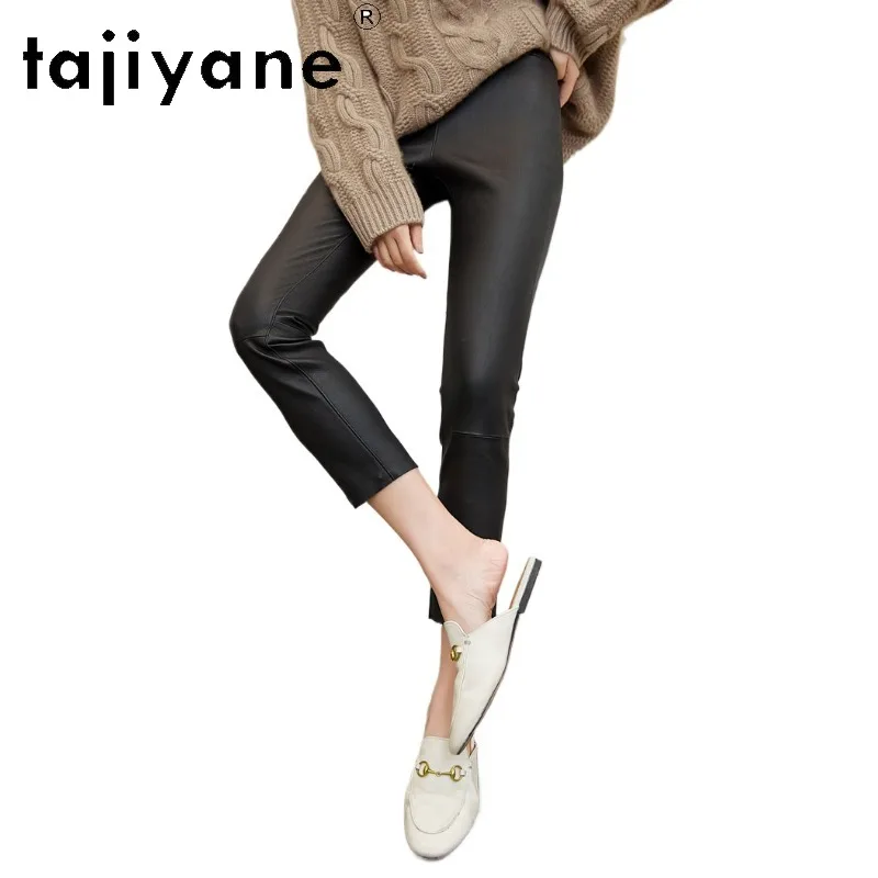 TAJIYANE Genuine Stretch Sheepskin Pants of Women Elastic Waist Casual Trousers Skinny Pants Leather Pants Woman Pantalon 2026
