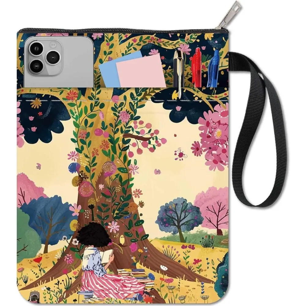 Book Sleeve Book Covers with Zipper and Extra Sleeve Cloth Woman Dream Tree Flower Rectangle Protector Washable Wrap Pouch Bag