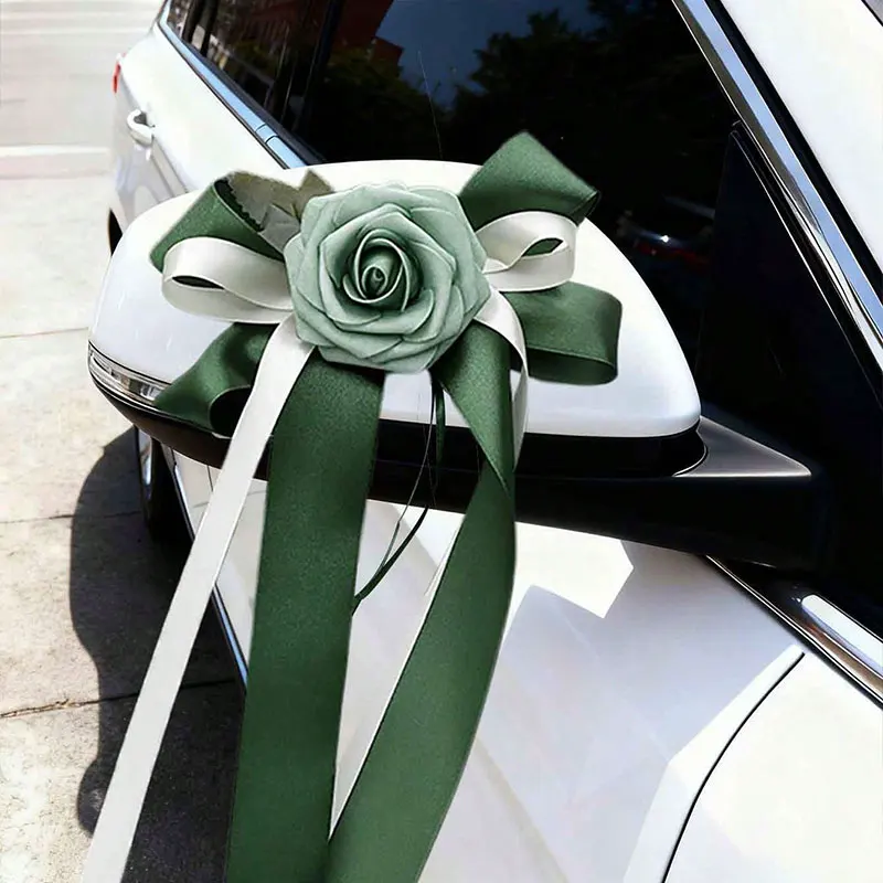 1 Stück Pompon-Blumen-Rückspiegeldekoration, Hochzeitsauto-Blume, mehrfarbige Einzelkopf-Rückspiegel-Autoblume, Hochzeitsdekoration, Schleifenband für Treppengeländer – Detail 3