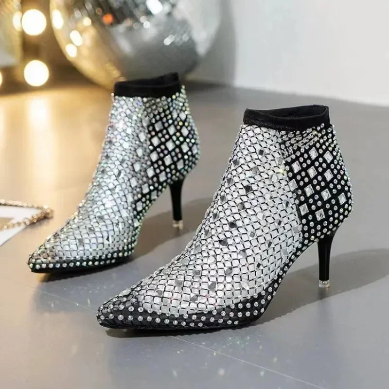

2023 Upgraded Version New Sexy Large Pointed Thin High Heel Rhinestone Mesh Socks Hollow Out High Heel Cool Boots