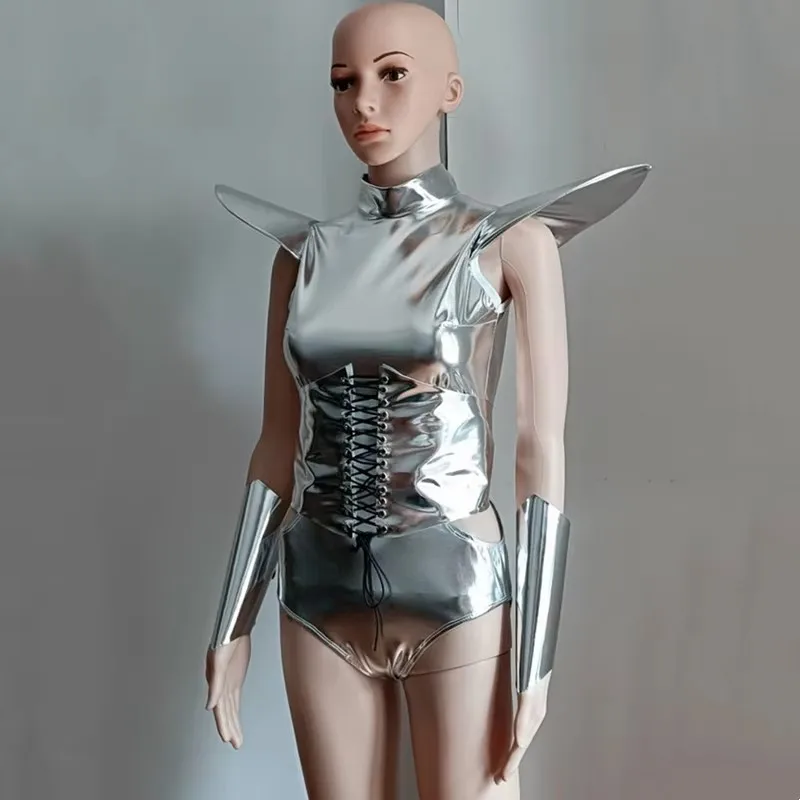 Moda argento laser spalla mosca body discoteca polsino bar gogo ballerino squadra performance festival costume cosplay con