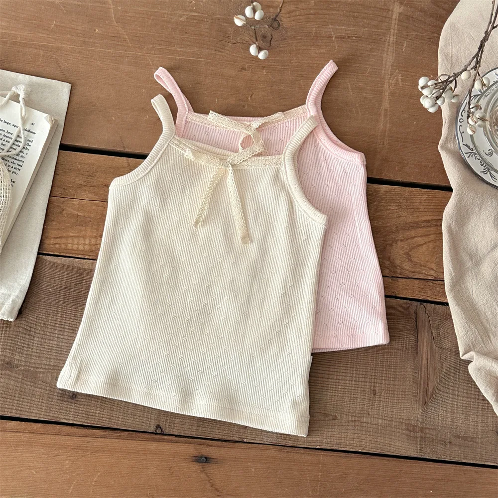 2026 Summer Cute Baby Thin Sleeveless T-shirt Delicate Lace Bow Camisole Top for 6M-2Y Girls Breathable Cotton Infant Clothes