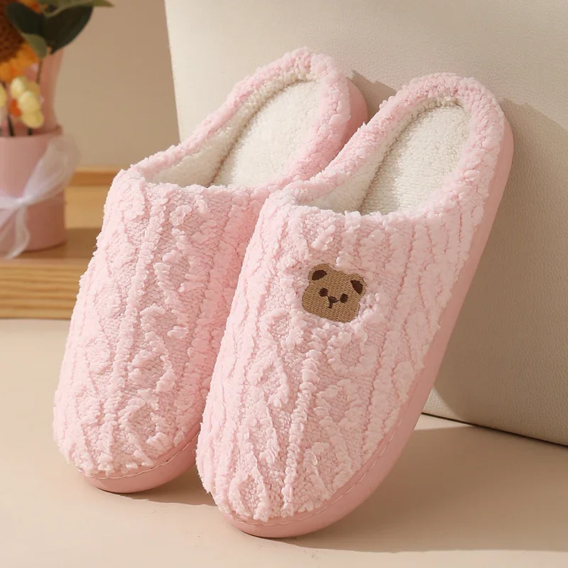 

Cute Bear Embroidery House Slippers for Women Comfy Soft Sole Warm Home Plush Shoes Woman Autumn Winter Non Slip Cotton Slippers
