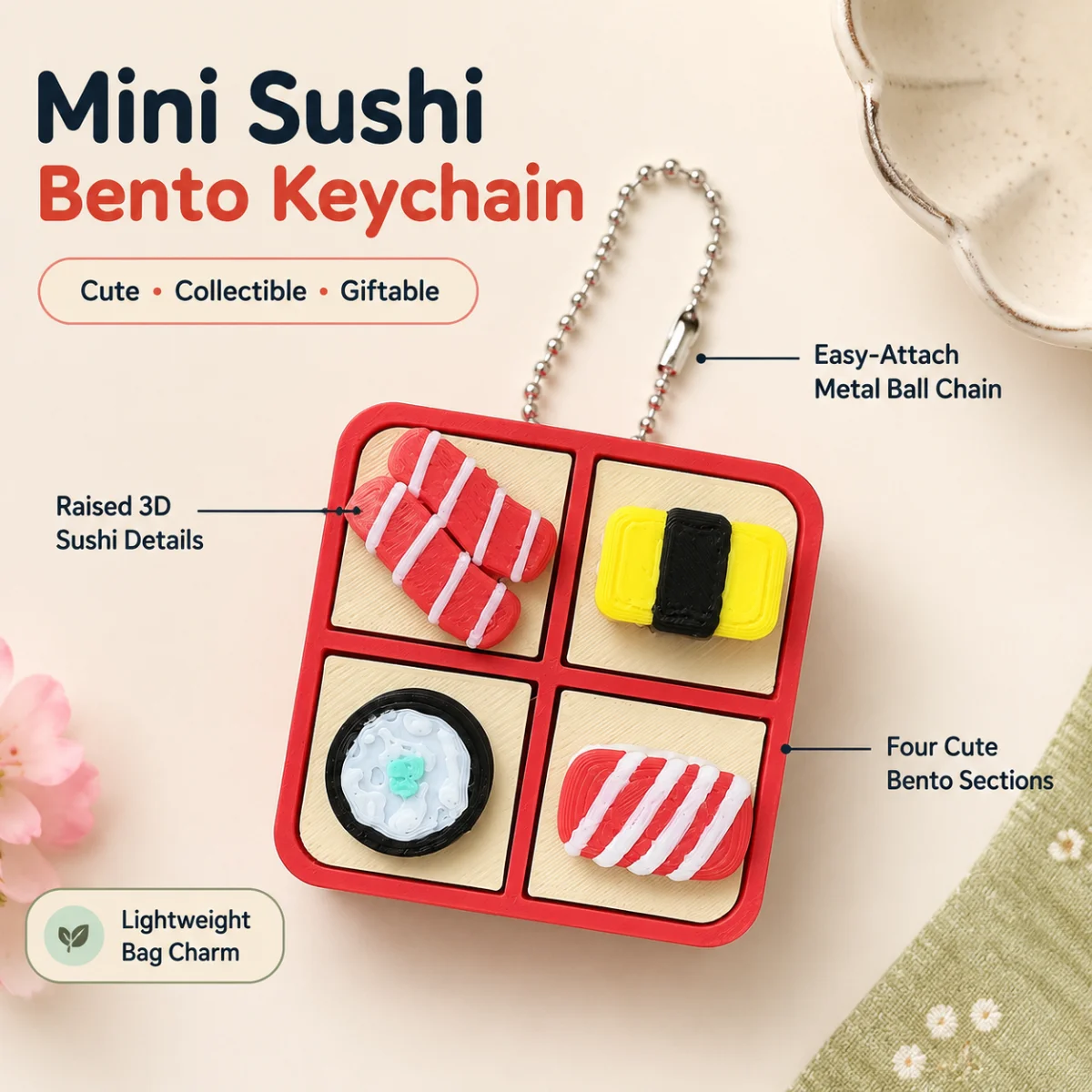 1pc 4.9cm Square Sushi Bento Fidget Keychain, Eco 3D Printed PLA Four Grid Pressable Japanese Food Stress Relief Bag Pendant