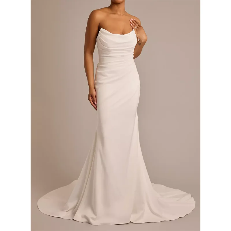 Women's Strapless Mermaid Satin Wedding Dresses for Bride Draped Boat Neck Sleeveless Bridal Gowns for Womens