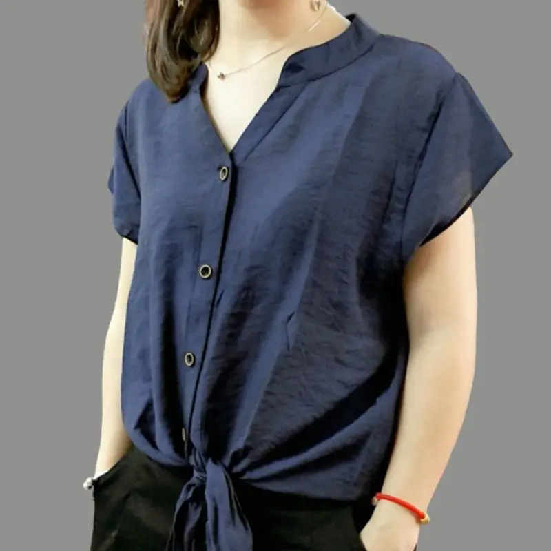 Camisa de manga corta con cuello en V para mujer, camisa holgada con botones de estilo Simple, informal, sólido, combina con todo, 2023