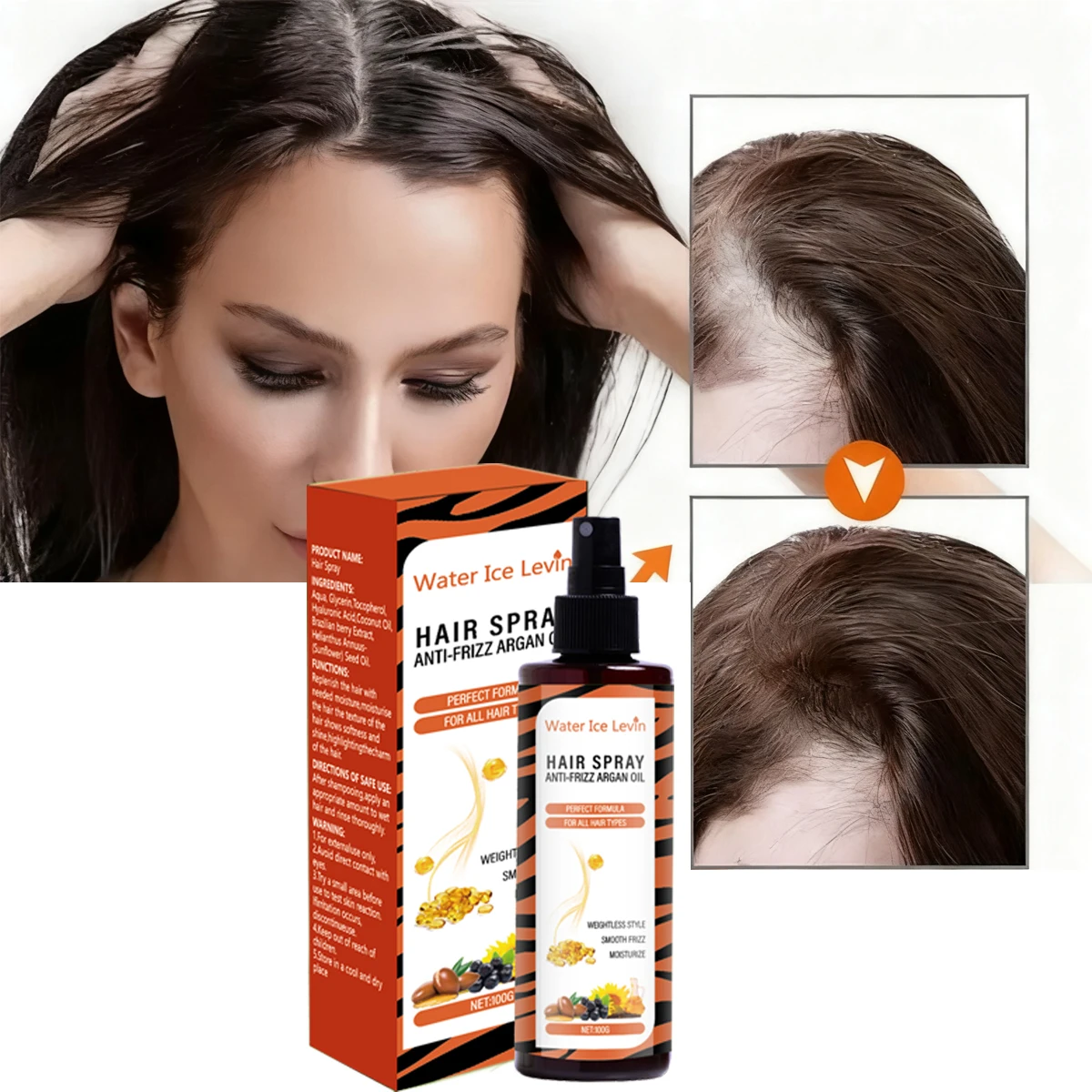 

Невесомый спрей для волос против вьющихся волос с аргановым маслом, увлажнителем и добавлением блеска для всех типов волос — наполнено с кокосом