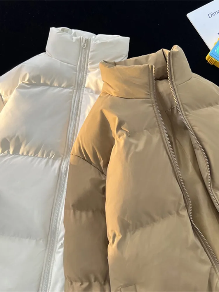 

Thiened Lightweight Winter Jaet for Men Bread Sle Stand Collar Downproof Cotton Coat Warm Casual Pure Color Versatile