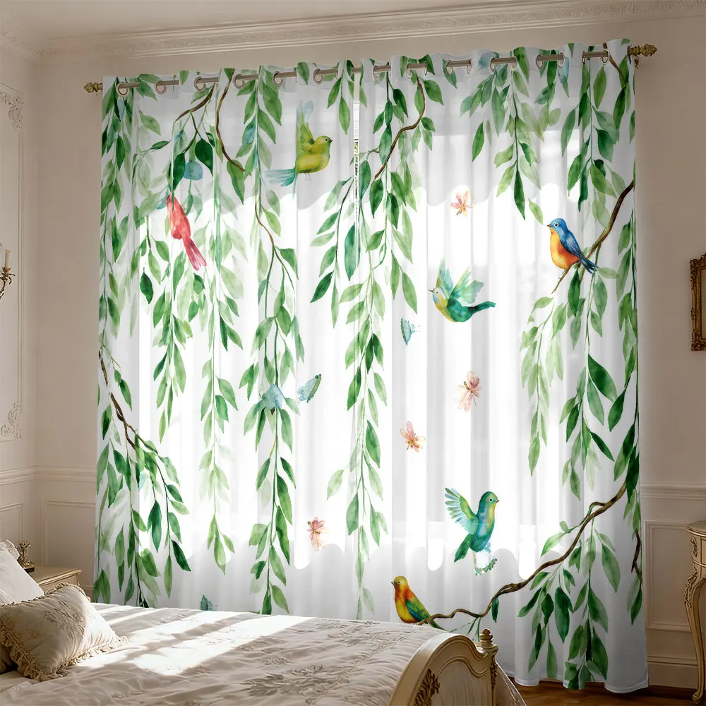 2pc watercolor willow branch and bird pattern curtains for shading bedrooms and home fashion decoration