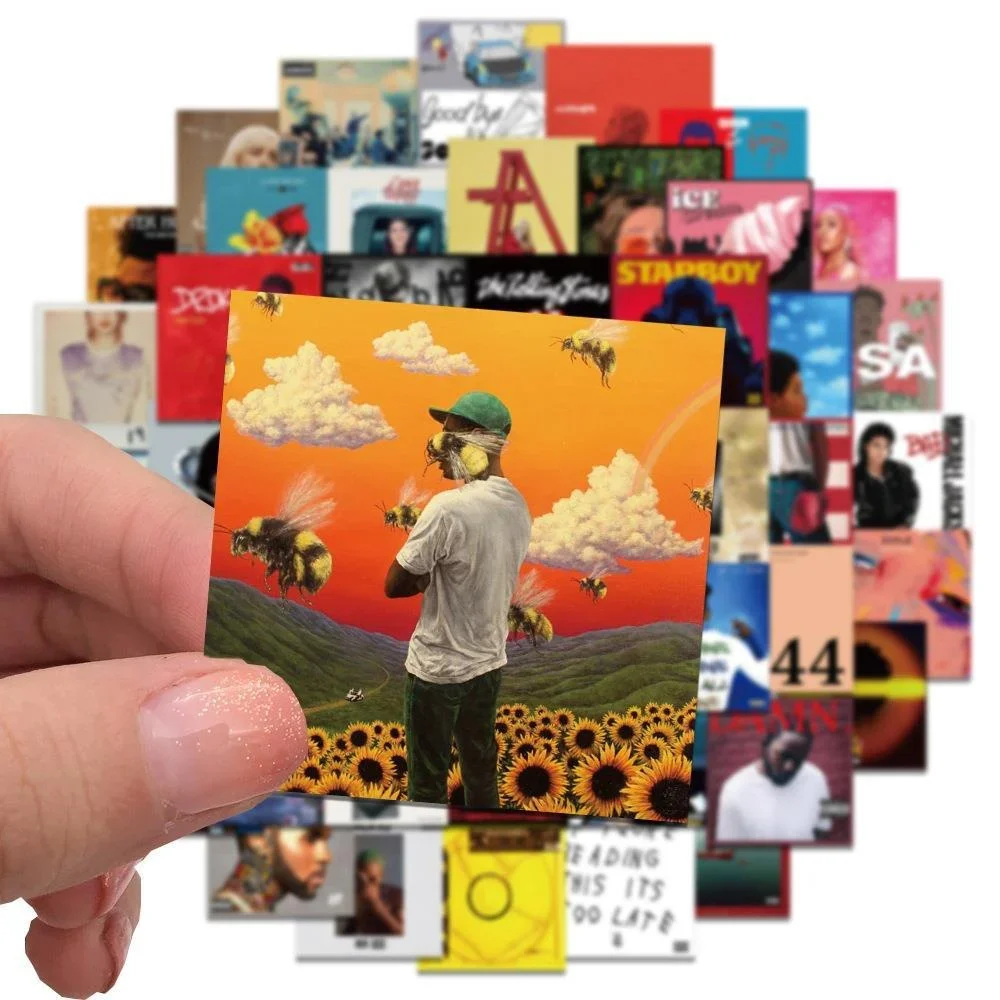 Paquete de 55 Pegatinas de Vinilo Impermeables con Portadas de Álbumes de Artistas Famosos, Calcomanías de Graffiti Musicales, para Decorar Maletas, Fundas de Teléfono, Laptops, Botellas de Agua, Cuadernos, Patinetas, Regalos para Adolescentes y Niños, Fiestas de Cumpleaños, Accesorios de Papelería
