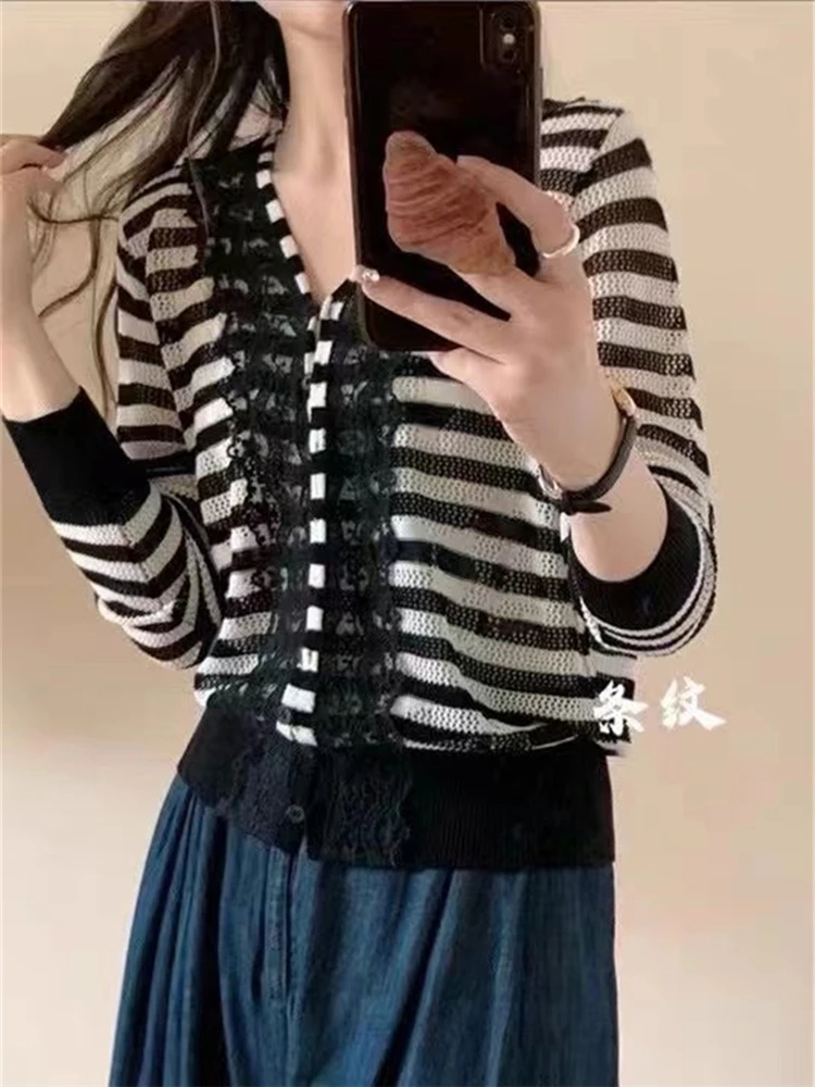 Colorfaith SWC6831JX New 2024 Lace Striped Cutout Wild Korean Fashion Knitting Cardigans Women Autumn Winter Sweaters Short Tops