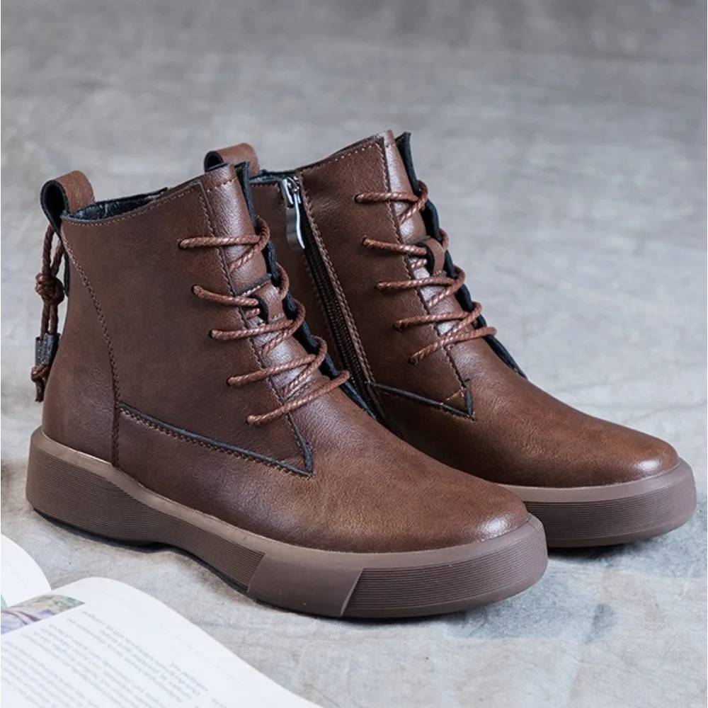 

Ankle Boots Women's Autumn Winter New Flat-bottomed Casual Leather Boots Student Versatile British Style Soft-soled Warm Bootie