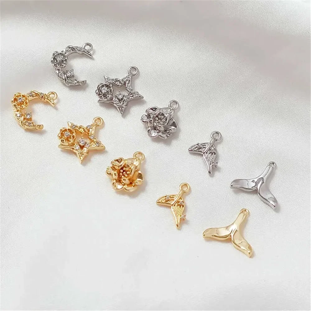 Pendentif lune étoile à cinq branches en forme de fleur de queue de poisson en or véritable plaqué cuivre 14K, bracelet à bricoler soi-même fabriqué à la main, pendentif de bijoux de collier