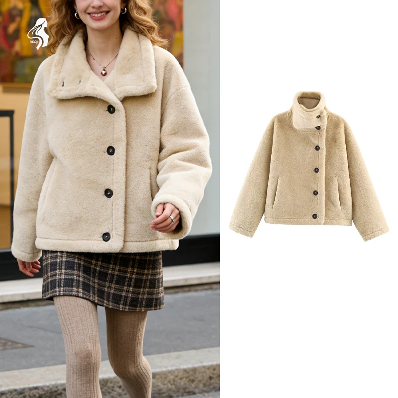

Womens Reversible Casual And Commuter Jacket High Neck Plush Asymmetrical Button Autumn And Winter Warm Jacket Woman Clothes