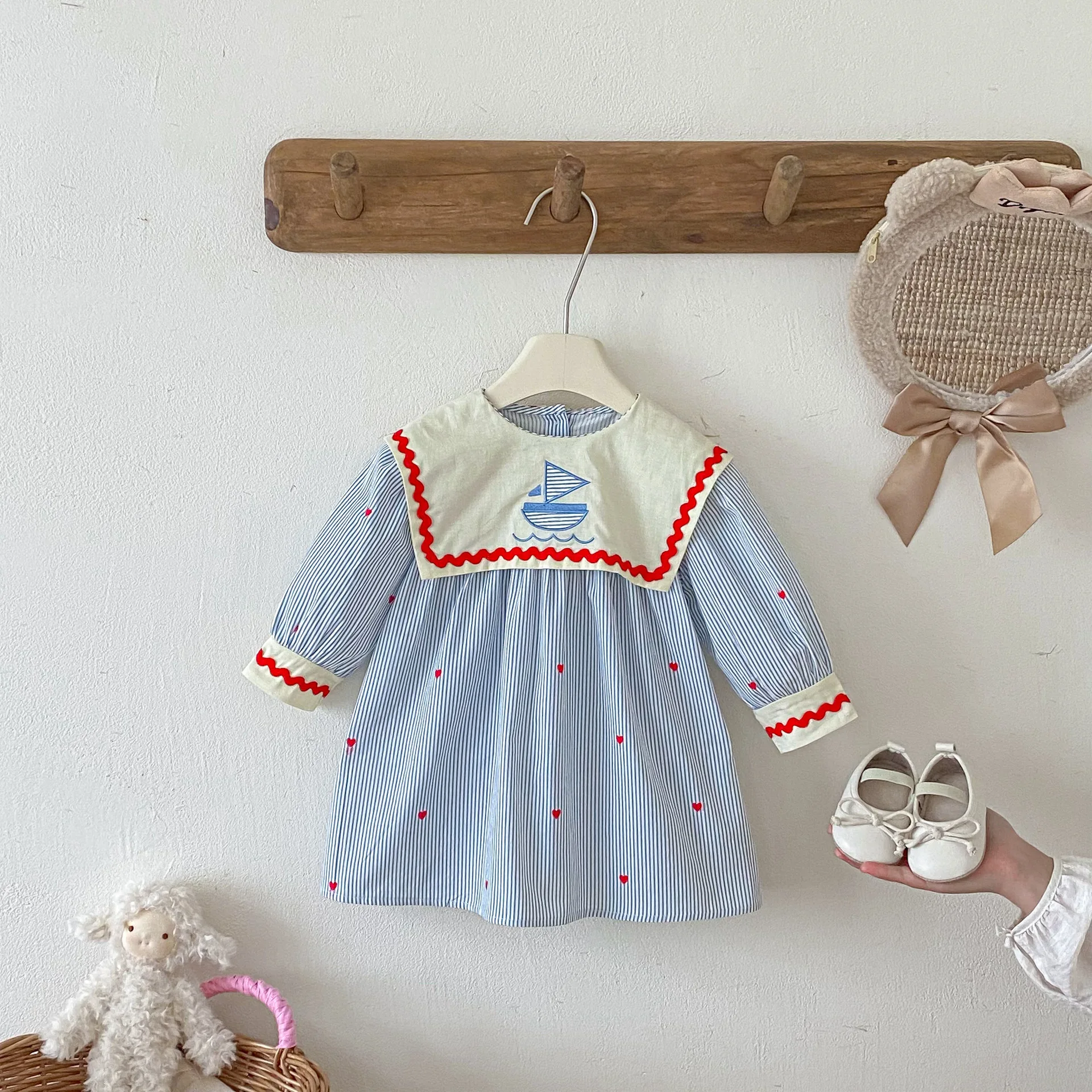 Girls Skirt 2026 Spring and Autumn New Childrens Clothes Girls Baby Sweet Navy Collar Small Sailboat Embroidery Dress Simple