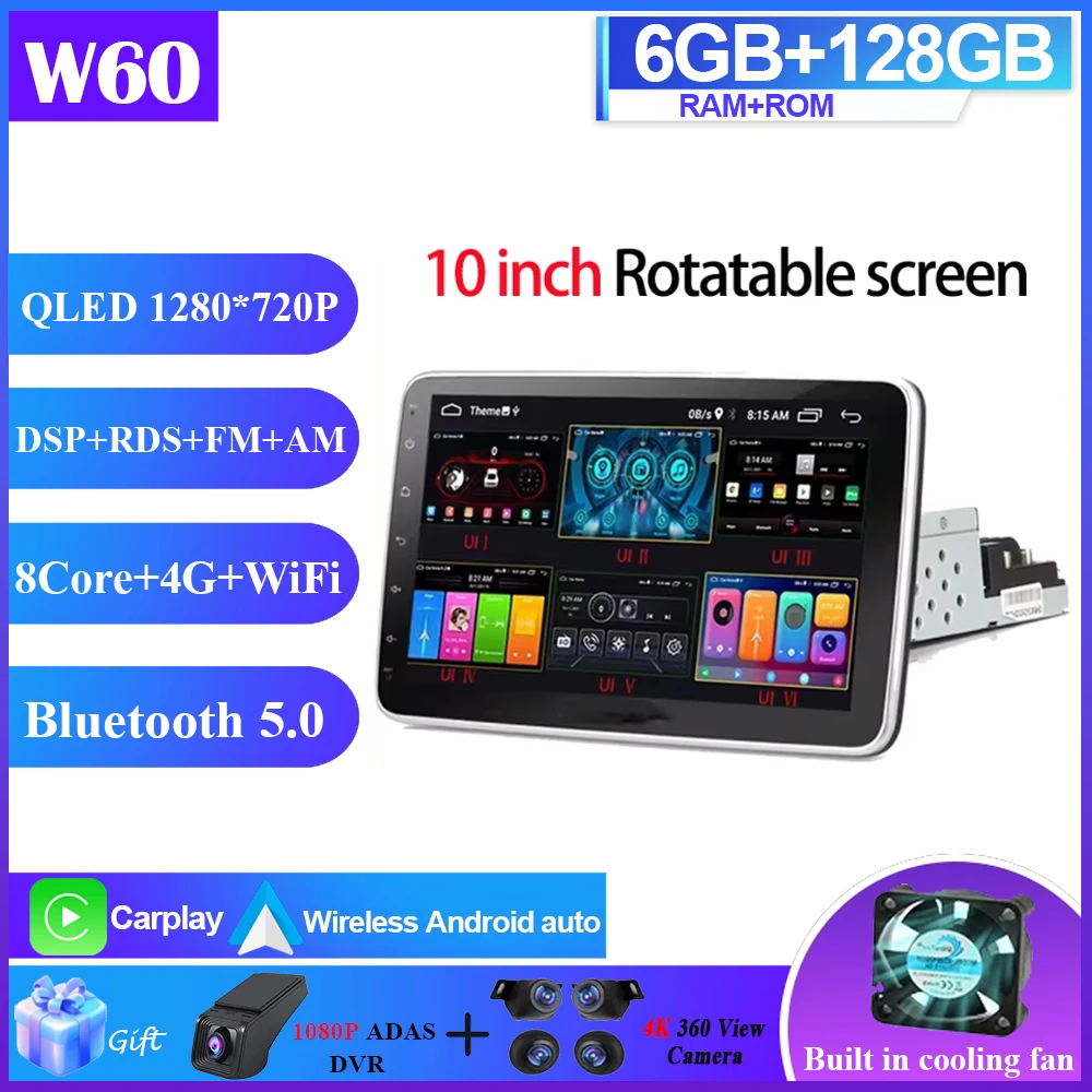 7/9/10 inch autoradio universeel enkel 1 Din 360 °   Draaibare autoradio multimediaspeler GPS Navi Automotive Stereo Carplay BT 4G