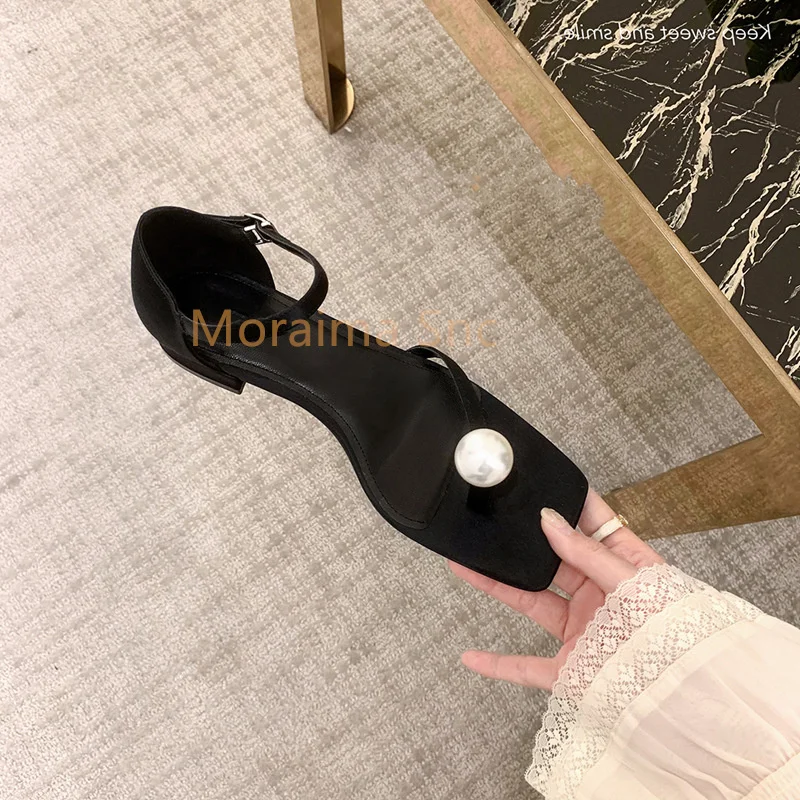 

Clip Toe Sandals for Women Summer Black Square Head Pearl Buckle Strap Women Shoes Fashion Concise Office Party Shoes Female