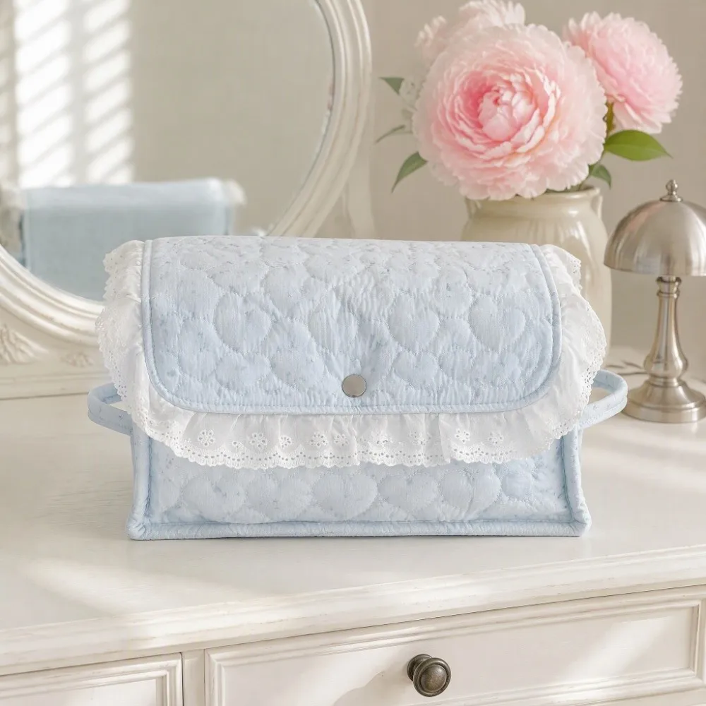 Rectangular Little Blue Star Storage Basket Button Closure Lace Edge Fabric Storage Basket Large Capacity Soft