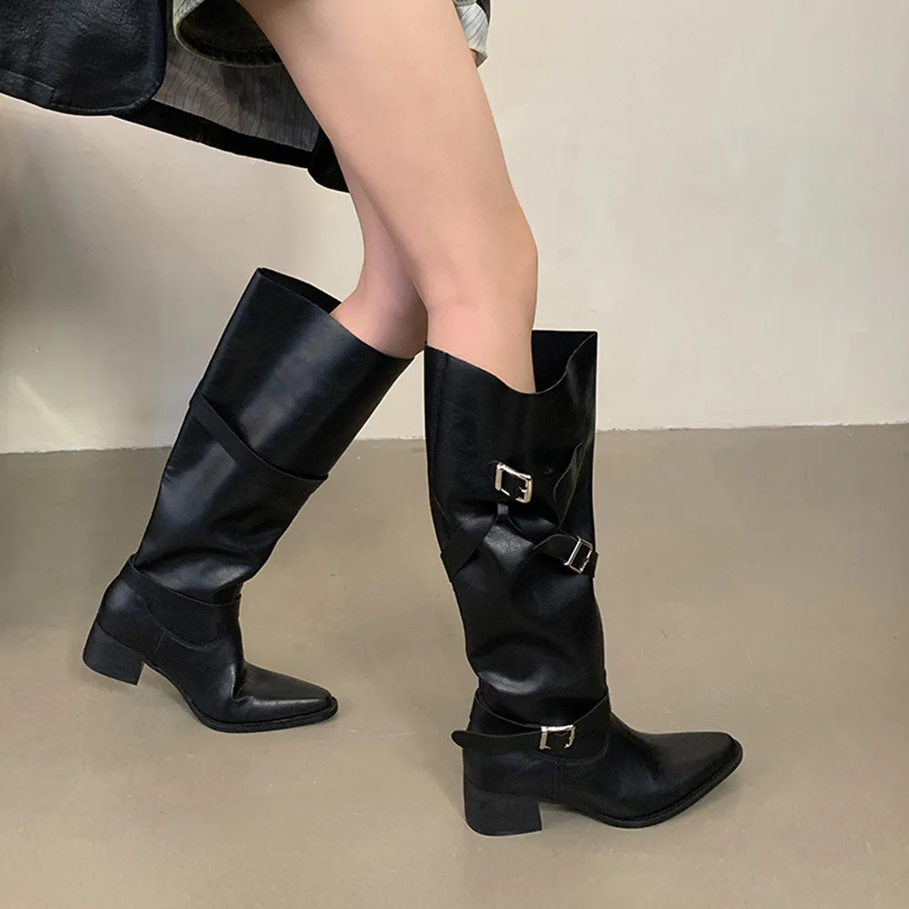Knee-high Pointed-toe Women Knight Boots Retro Thick Heel Slimming Large Tube Winter Style Polyurethane Material Boots New
