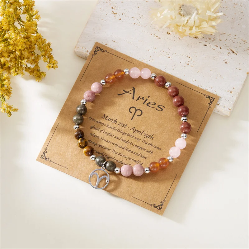 Minimalistische Bunte Naturstein-Perlenarmbänder für Damen und Herren, Modische Handgefertigte 12 Sternzeichen-Armbänder, Schmuck – Detail 17
