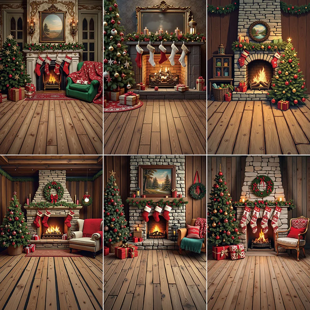 

MOON.QG Christmas Photocall Photography Backdrop 2024 Xmas Fireplace Tree Photo Studio Background Children Photographic Props