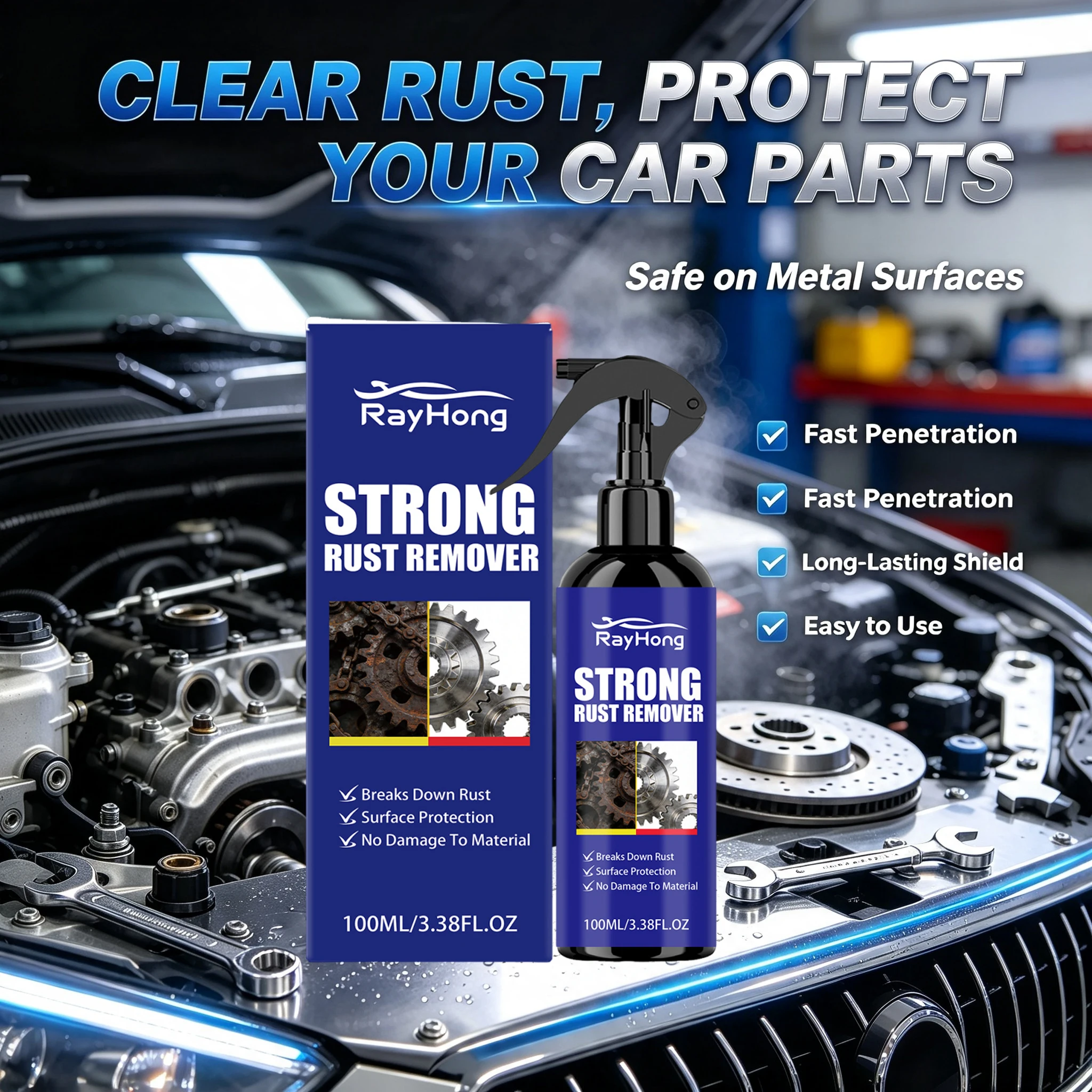 Rust Remover Spray Dissolves Tire Rust Protects Wheel Rims&Brake Drums,Ideal for Home Metal Surfaces Kitchen Appliances,Car Care